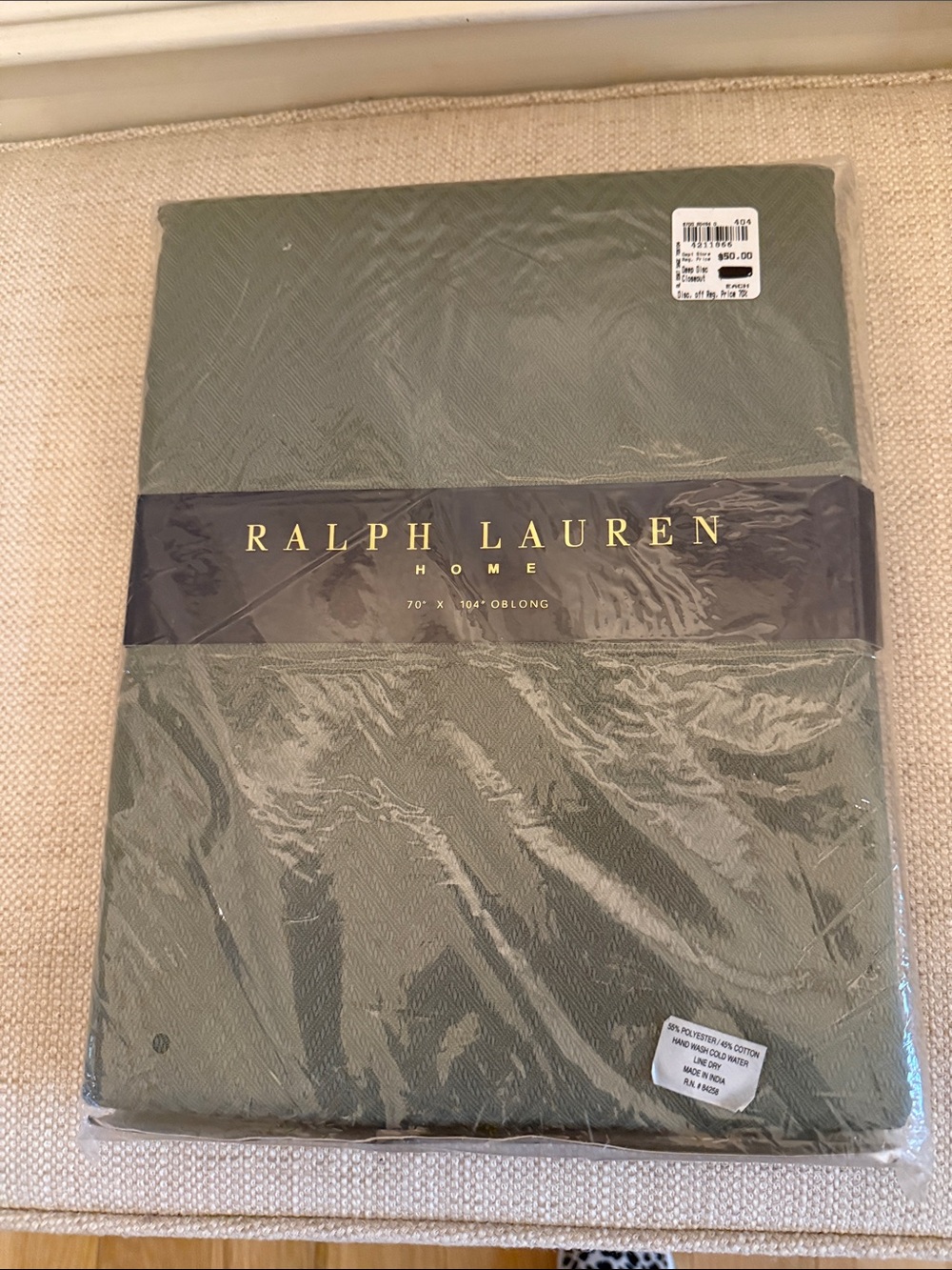 NEW WITH TAGS Ralph Lauren 70 x 104 Basketweave Sage Green Tablecloth